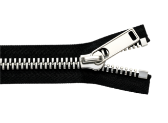Close up of a metal zipper partially open isolated on transparent background