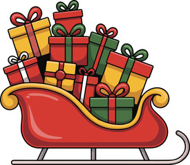Red sleigh overflowing with colorful Christmas presents and bows gifts