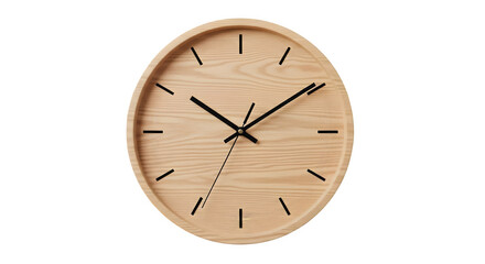 Minimalist round wall clock in light wood shows time, perfect for modern home decor or office time management reminders