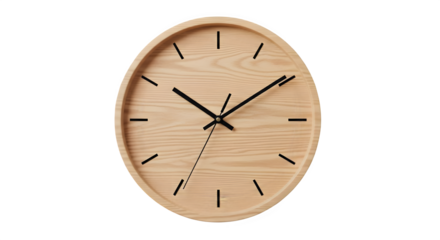 Minimalist round wall clock in light wood shows time, perfect for modern home decor or office time management reminders