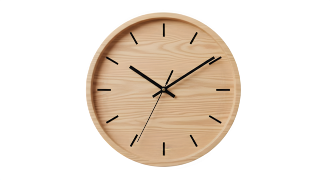 Minimalist round wall clock in light wood shows time, perfect for modern home decor or office time management reminders