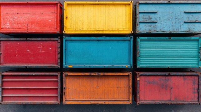 Colorful Shipping Containers Stacked in Urban Environment Aerial View