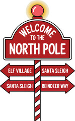 Red welcome to the North Pole signpost with directional arrows welcome sign directional sign