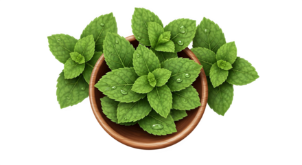 Fresh mint leaves in wooden bowl with water droplets, perfect garnish for summer cocktails and culinary creations with aromatic appeal