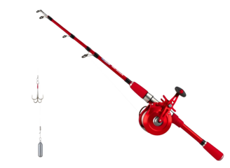 Red fishing rod and reel with lure isolated on transparent background