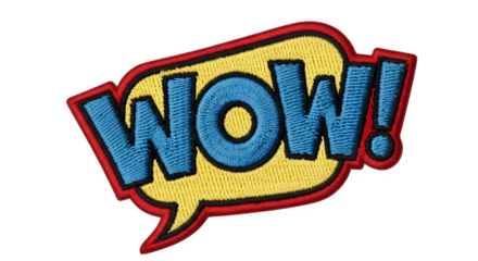 Exclaim with 'Wow!' in this vibrant, embroidered patch, perfect for adding a pop of fun and playful expression to any creative project