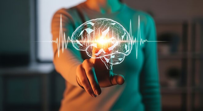 Futuristic Interface Displays a Glowing Brain with a Health Monitoring Heartbeat Line