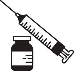 Silhouette of Medicine and injection. Syringe. syringe, needle, medical vial, medicine bottle, healthcare, injection, vaccination, drug, treatment, science, icon, symbol. 