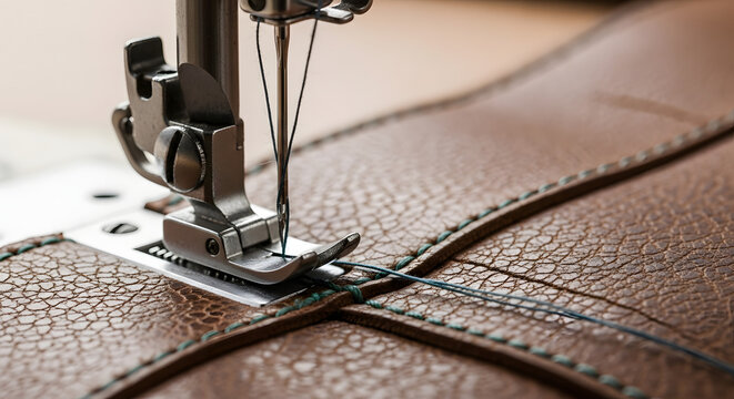 A sewing machine meticulously stitches through thick brown leather with a vibrant blue thread, Intricate detail of a sewing machine sewing leather, showcasing craftsmanship and precision