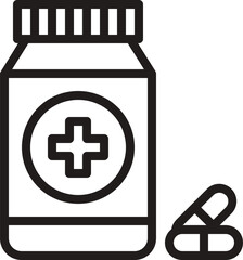 Medicine bottle line art vector. Medicine bottle line icon. medical pill bottle with cap. medical bottle with pill. 