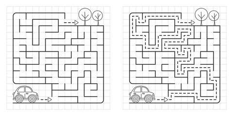 Black and white kids maze – a car drives to the forest. Square layout, medium difficulty, clean line art with solution. Printable fun worksheet for children.
