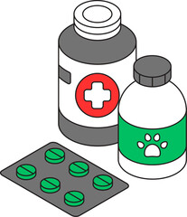 medicine bottle and pills. pharmaceutical items. prescription bottles, blister pack, and medicine containers representing healthcare and treatment. 