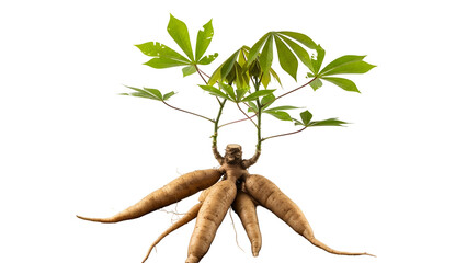 Cassava Plant with Roots and Green Leaves on Transparent Background