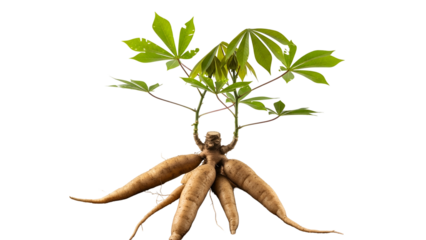 Cassava Plant with Roots and Green Leaves on Transparent Background