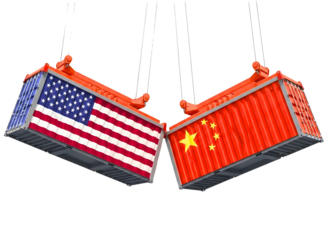 Shipping containers with usa and china flags facing each other isolated on transparent background