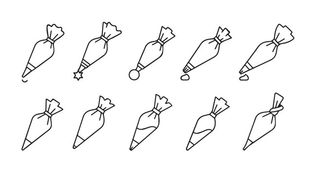 Collection of piping bags illustrating different frosting techniques silhouette