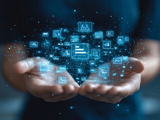 Digital representation of tax concept with icons and hand interaction on dark background