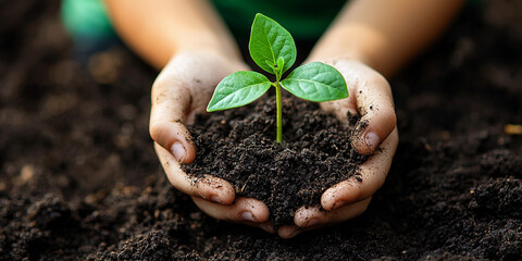 Child nurturing a young plant in rich soil Generative AI