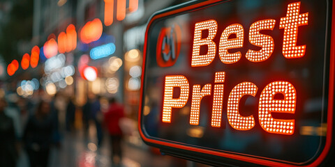Bright sign displays best prices in busy shopping area Generative AI