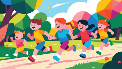 Fototapeta premium Illustration Of A Group Of Children Running In The Park Vector Design Template