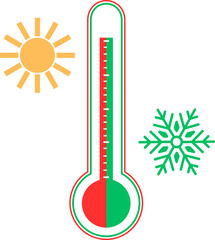 Thermometer icon vector illustration. Cold and hot icon vector. temperature illustration sign. thermometer symbol. heat logo. Winter and summer weather thermometer with snowflake and sun.