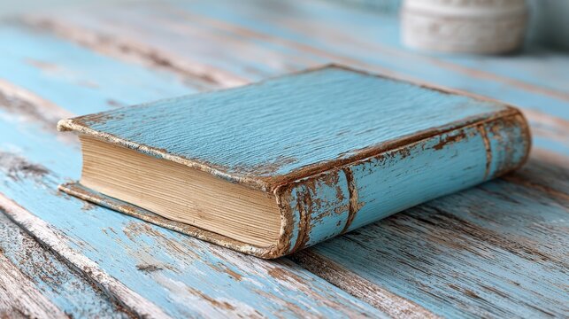 A vintage blue book rests on a weathered wooden surface, showcasing its textured cover and aged pages, evoking a sense of nostalgia.