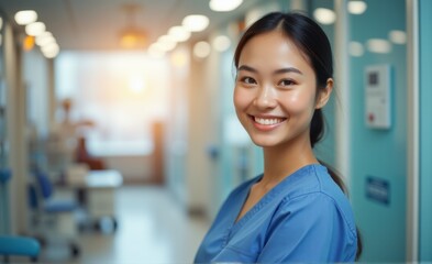 Naklejka premium Smiling Asian Nurse or Doctor Standing in a Hospital Hallway
