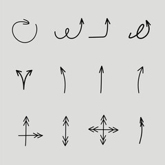 A collection of hand-drawn arrows in various directions, including curved, straight, and combined styles, on a light background. Perfect for design projects needing directional indicators or symbols.