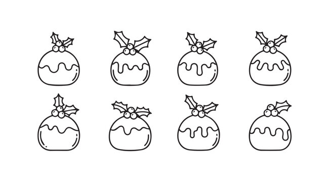 Collection of hand drawn christmas pudding ornaments with holly silhouette