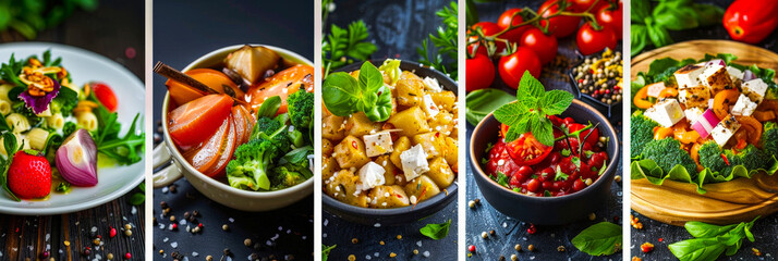 Delicious variety of fresh salads with colorful ingredients and herbs arranged on dark wooden table