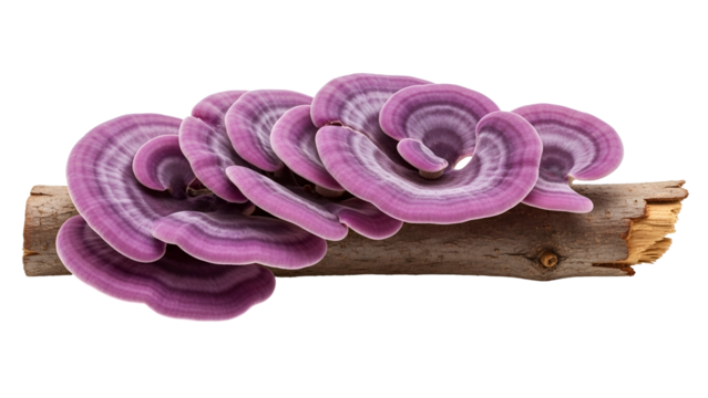 Macro Shot of Lilac Colored Bracket Fungus Growing on a Fallen Branch on Transparent Background with Detailed Fungal Texture and Organic Patterns and