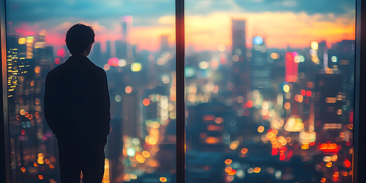 Silhouette of a man looking out a city window at sunset Generative AI
