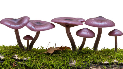 Close Up of Purple Mushrooms on Mossy Log with Black Background in Studio Lighting Macro Shot Detailed Fungi on Forest Floor