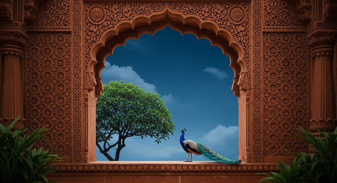A majestic peacock stands proudly on a ledge, framed by an ornate archway, with a lush green tree and a cloudy blue sky in the background