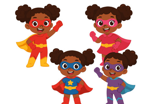 Four adorable African American superhero girls wearing colorful costumes and masks posing confidently