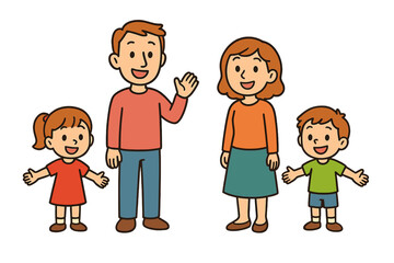 Happy nuclear family portrait standing together smiling and waving on a white background