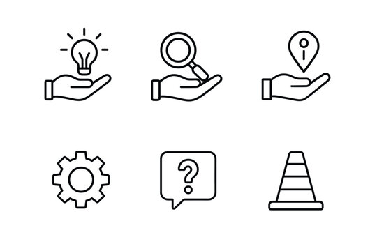 Minimalist line art icons innovation, search, location, settings, help, construction