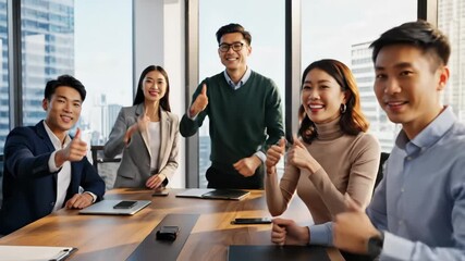 Young asian business people smiling and giving thumbs up, showing success, agreement, and positive teamwork in a modern office with city skyscrapers in the background - Powered by Adobe