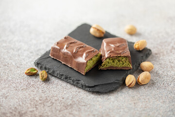 Dubai chocolate  with green kataifi and pistachio paste. Trend dessert