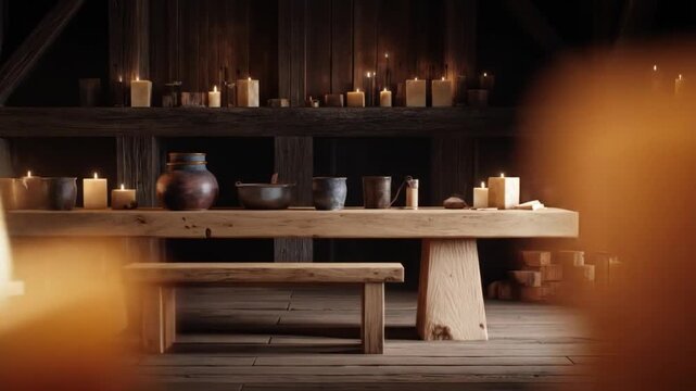 A dimly lit wooden interior with candles, a long table, and various rustic objects