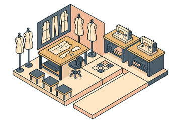 Professional fashion design studio interior setup with cutting table, dress forms, and sewing machines