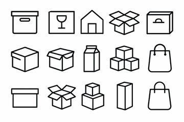 Minimalist black outline icons of boxes and bags for packaging and shipping