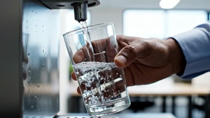 Employee's hand holding a clear glass under a water dispenser, filling it with fresh drinking water for hydration and refreshment in an office environment