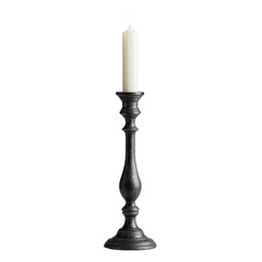 Tall black candlestick holding a partially used white candle