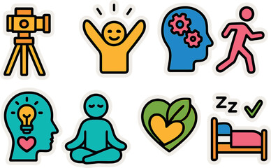 Fototapeta premium Colorful icons of creativity, mindfulness, and wellness with sticker style