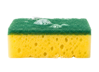 Yellow and green cleaning sponge with soap suds isolated on transparent background