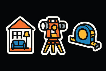 Obraz premium Modern icons of house, surveying equipment, and measuring tape in stylish sticker design