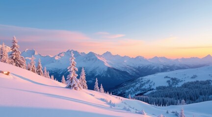 Winter mountain landscape at sunrise with snow-covered pine trees.