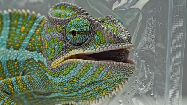 Chameleon with vibrant blue, green and yellow scales showing intricate texture and condensation inside a moist plastic bag, highlighting fragility and environmental concern