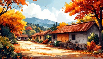 Traditional village houses with orange tile roofs nestled in a vibrant autumn landscape with colorful trees and mountains in the distance, painted in a beautiful watercolor style on a sunny day